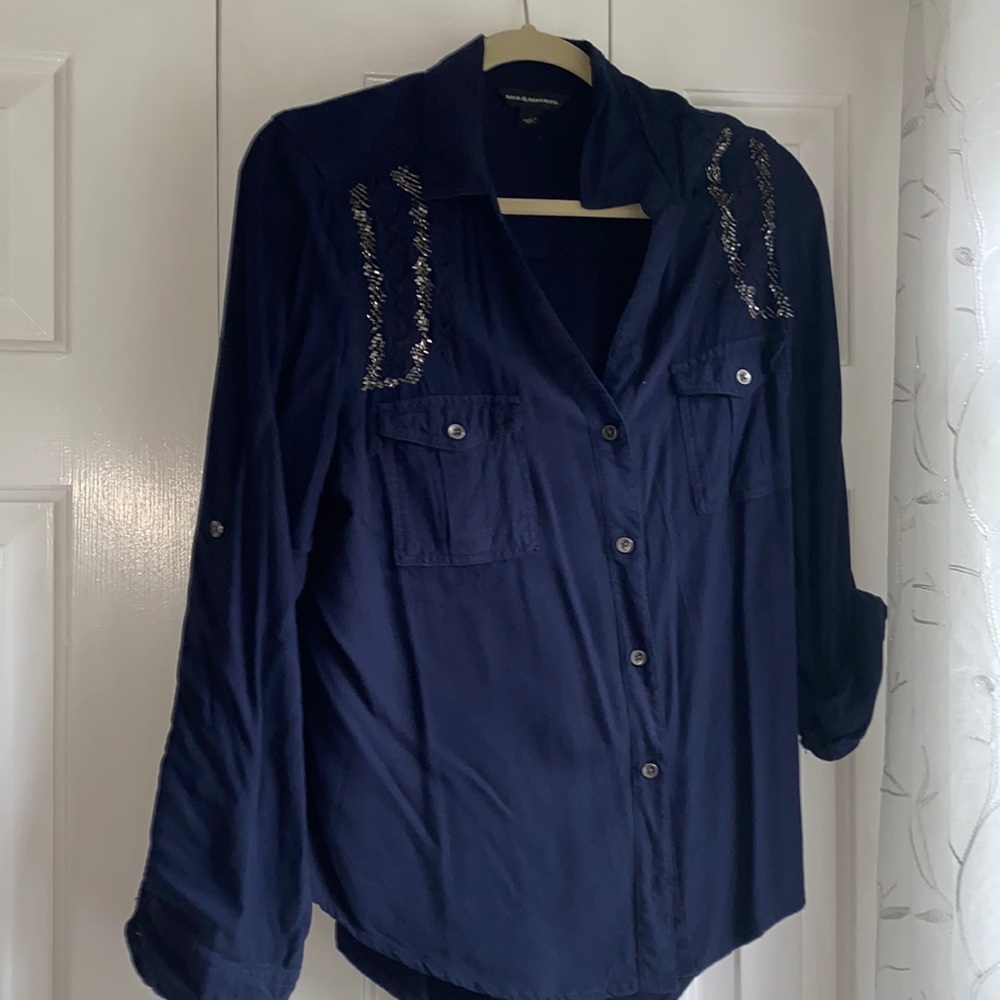 Navy button down with sequin accents!